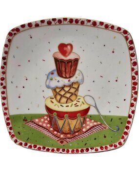 222 Fifth Sweet Confetti Plate Square Cupcake Tower Dessert Cherry Red Porcelain